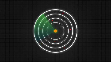Radar screens monitor air traffic coming into and going out of the area. Interface for target scanning and search. Green radar HUD display of the future