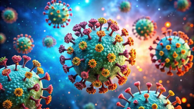 Microscopic illustration of SARS-CoV-2 virus particles interacting with Y-shaped antibodies, showcasing immune system response and potential vaccine development against COVID-19 infection.