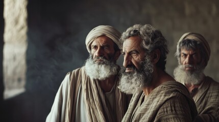 Three bearded men in traditional attire share a serious conversation in a dimly lit, historical setting.