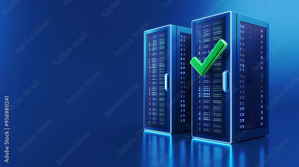 Poster two data servers with a green checkmark symbol on a blue background, symbolizing successful and secu