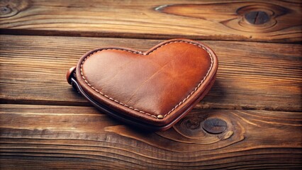 A soft, supple heart-shaped leather wallet with a subtle sheen lies on a rustic wooden table, its delicate edges and classic design evoking nostalgic charm.