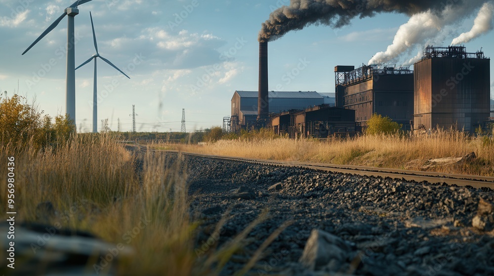 Aufkleber Wind turbines rise next to disused factories and coal mines, showcasing the transition from fossil fuels to renewable energy sources. Generative AI