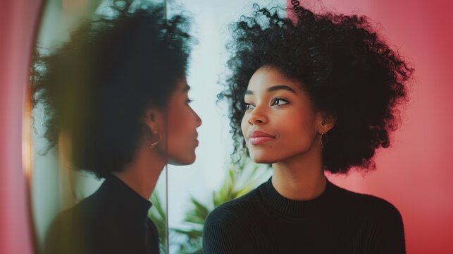 A person looking lovingly at their reflection in the mirror, embodying the concept of self-love and acceptance