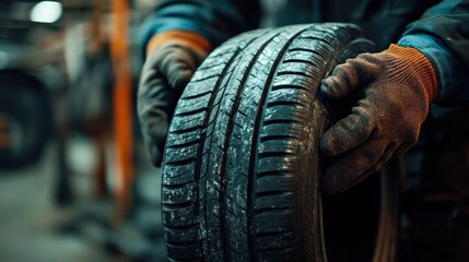 Wet tire with rugged tread detail in focus, set against a blurred background, illustrating automotive maintenance