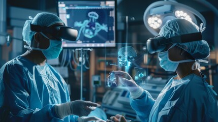Surgeons using virtual reality for a medical procedure, illuminated by the blue light of operating room screens, working intently with digital interfaces.