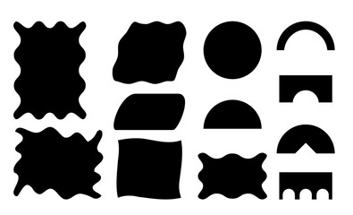 This vector illustration features a collection of brutalist abstract geometric shapes and grids, including stars, ovals, spirals, flowers