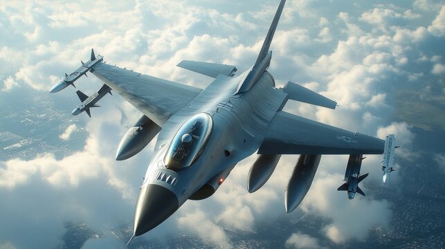 F-16 Fighter Jet Soaring Through the Clouds