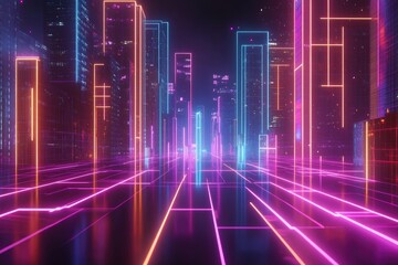 Fototapeta premium Neon Cityscape with Illuminated Buildings and Glowing Lines