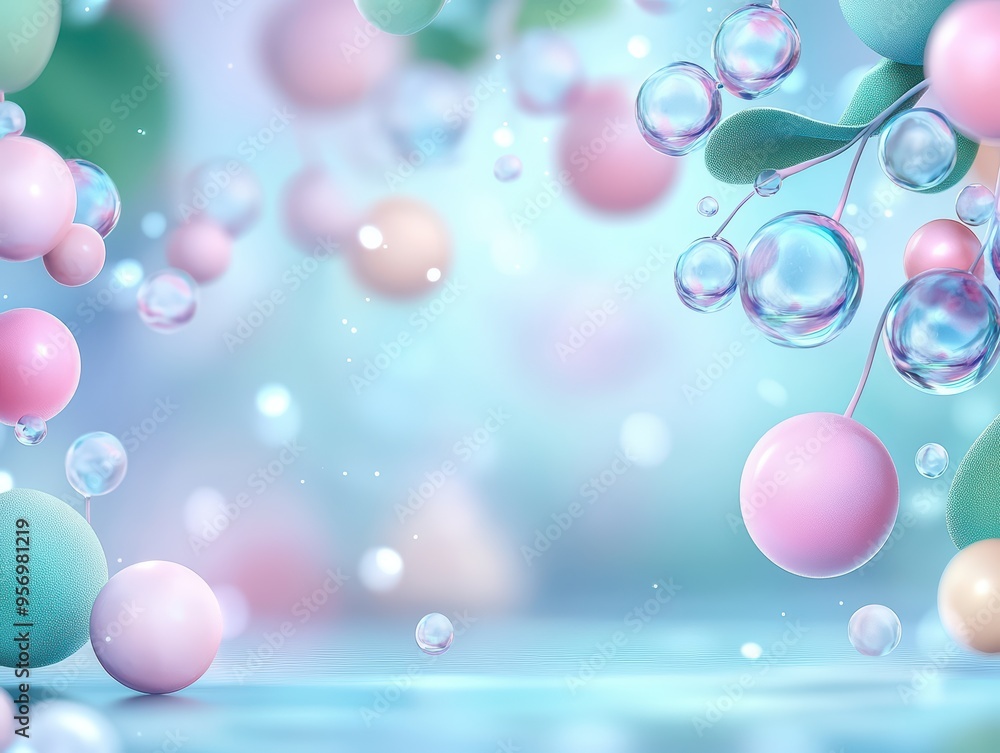 Poster a dreamy abstract background featuring colorful spheres and bubbles creating a soft, serene atmosphe