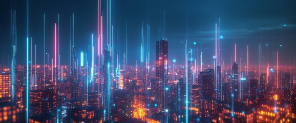 Futuristic cityscape with glowing lines and data points, representing digital innovation in urban design. Skyline view at night, with vibrant colors in a wide-angle shot.