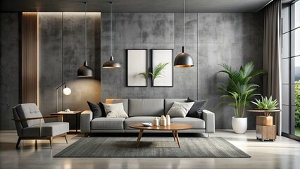 Fototapeta premium Minimalist modern living room interior with empty black and white wall art mockup on a concrete wall, against a sleek dark gray background.