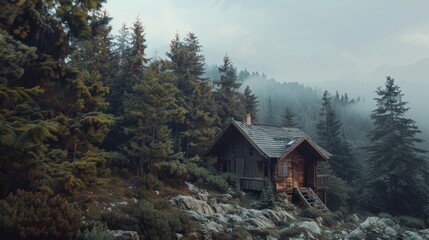 A cozy wooden cabin sits nestled among dense pine trees in a misty forest, evoking a sense of tranquility and rustic charm.
