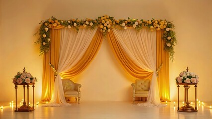 Soft-focus photograph of illuminated by soft lighting from behind, in pastel hues of pink and lavender, creating a romantic and intimate atmosphere with a classic stage setup