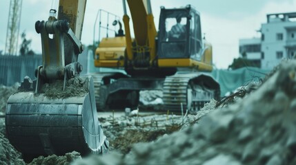 A heavy-duty excavator digs into the earth on a bustling construction site, with machinery and buildings in the background.