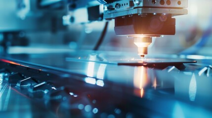 A high-tech laser cutting machine precisely slicing through a metal sheet, illuminated with blue hues, showcasing advanced industrial craftsmanship and precision engineering.