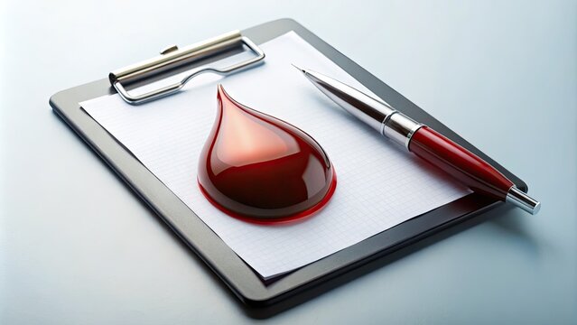 A stylized droplet of blood merges with a clipboard and pen, symbolizing medical lab work, diagnostic testing, and healthcare analysis in a modern, minimalist design.