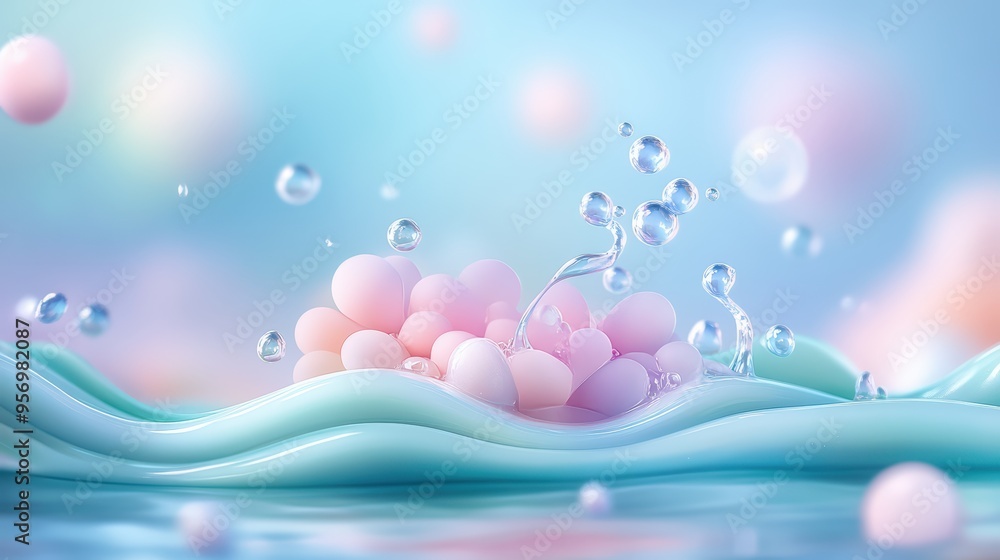 Aufkleber a serene abstract composition featuring pastel spheres and droplets, creating a calming water-like e