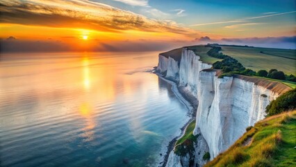 Misty morning sunrise casts a serene glow over the iconic White Cliffs of Dover, England, with the English Channel shimmering in the distance.