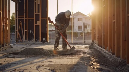 Fototapeta premium A construction worker spreads concrete on a building site at sunrise, embodying dedication and hard work.