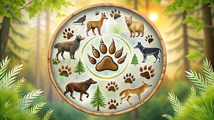 A stylized illustration of animal tracks, including footprints from wolves, bears, deer, and birds, merged into a single circular icon on a nature-inspired background.