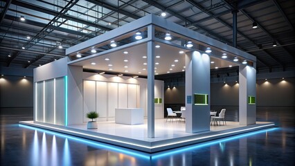 Modern, sleek, and customizable 3D exhibition stand mock-up with sleek lines, bright lights, and ample space for branding and product display.