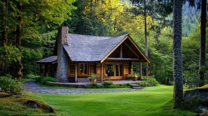 Wooden cottage deep in the forest, surrounded by trees, offering a tranquil and scenic setting perfect for nature lovers.
