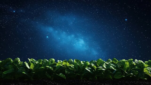 Biodynamic farming under starlit sky, cosmic rhythms, illustration