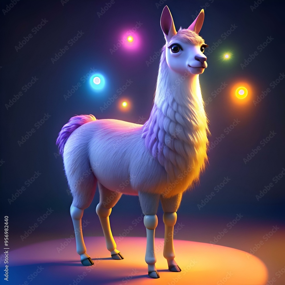 Poster cute 3d rendering of a fluffy llama with a playful expression. standing in a spotlight.