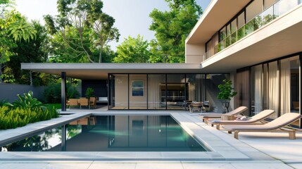 Fototapeta premium A luxurious, modern poolside scene featuring a sleek infinity pool, sun loungers, and lush greenery, epitomizing relaxation and elegance.