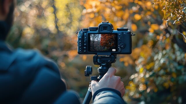 A person setting up a camera or smartphone on a tripod, preparing to film themselves for a vlog or project - Powered by Adobe