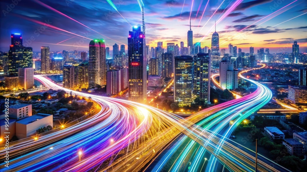 Poster modern blurred cityscape background with various colorful digital service lines and abstract data st