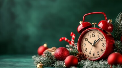 Holiday flat lay with a alarm clock, wrapped presents, and festive decorations background, ready for Christmas celebrations.