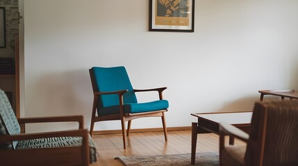 A mid-century style living room with a white wall and an art poster frame. There is a wooden chair with a teal cushion near the wall and a wooden floor.