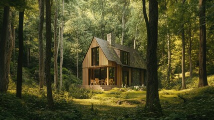 Wooden cottage enveloped by trees in a serene forest, its presence blending naturally into the tranquil surroundings.