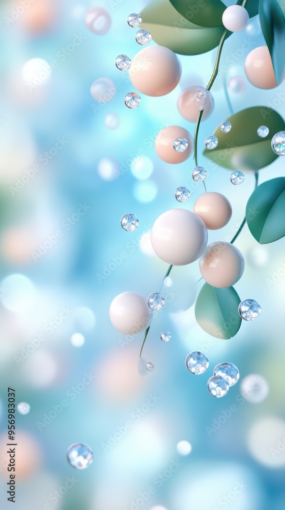 Poster a serene background featuring delicate bubbles and leaves, creating a calming and ethereal atmospher