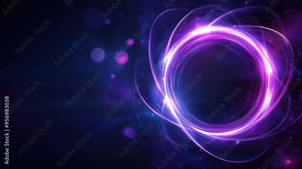 Poster abstract composition with vibrant purple light trails on a dark background, creating a mesmerizing d
