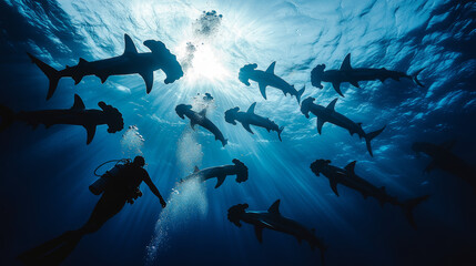 Fototapeta premium Silhouettes of Hammerhead Sharks Underwater