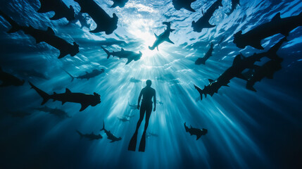 Naklejka premium Silhouettes of Hammerhead Sharks and a Diver in the Ocean