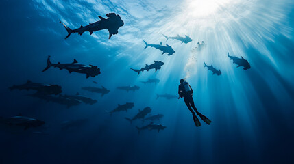 Obraz premium Diver Encounters a School of Hammerhead Sharks in the Ocean