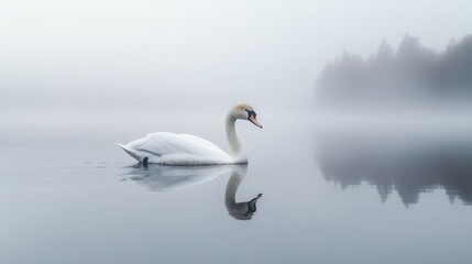 Fototapeta premium Solitary Swan on a Misty Lake: A graceful swan glides peacefully across the serene surface of a misty lake, its reflection mirrored in the still water, creating a calming and ethereal scene.
