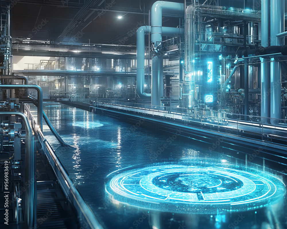 Poster a futuristic factory showcasing advanced ai controlled water usage with glowing holographic displays
