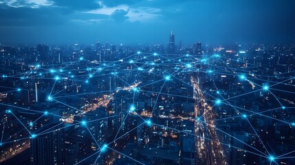 Digital cityscape with interconnected networks and digital elements, representing the integration of smart urban technology in an evening setting