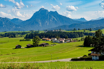 View from the Enzensberg to the Säuling of the Ammergau Alps in Bavaria and to the royal castles