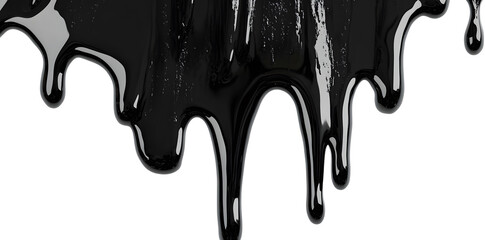 Black paint dripping isolated on white background. Flowing liquid dripping from above