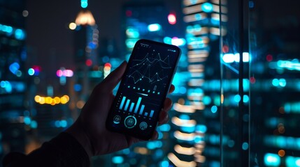 A vibrant, illuminated smartphone screen displaying data graphs is held up against a backdrop of a city’s nightscape, reflecting technological innovation and connectivity.