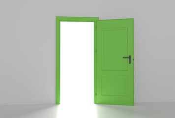 Open the door. Symbol of new career, opportunities, business ventures and initiative. Business concept. White light inside open door isolated on white background. Modern minimal concept.