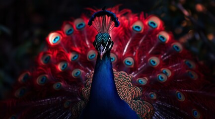 Peacock with Fully Open Plumage Standing on Reflective Surface with Soft Light Accents and Magical Ambience