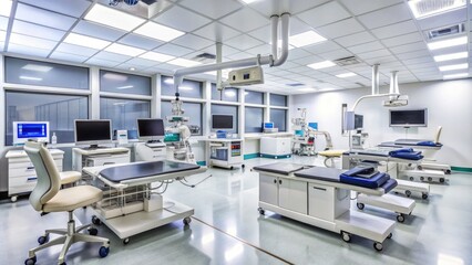 Modern hospital in Africa with state-of-the-art medical equipment, sleek computer screens, and sterile medical instruments, highlighting advanced healthcare technology in a developing nation.