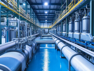Fototapeta premium High tech factory featuring advanced water recycling systems and AI technology. clean, modern environment showcases industrial efficiency and innovation.