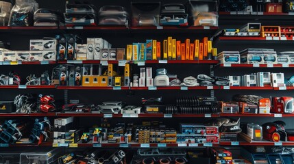 Shelves are filled with a variety of car parts and accessories, indicating a well-stocked and organized automotive store.